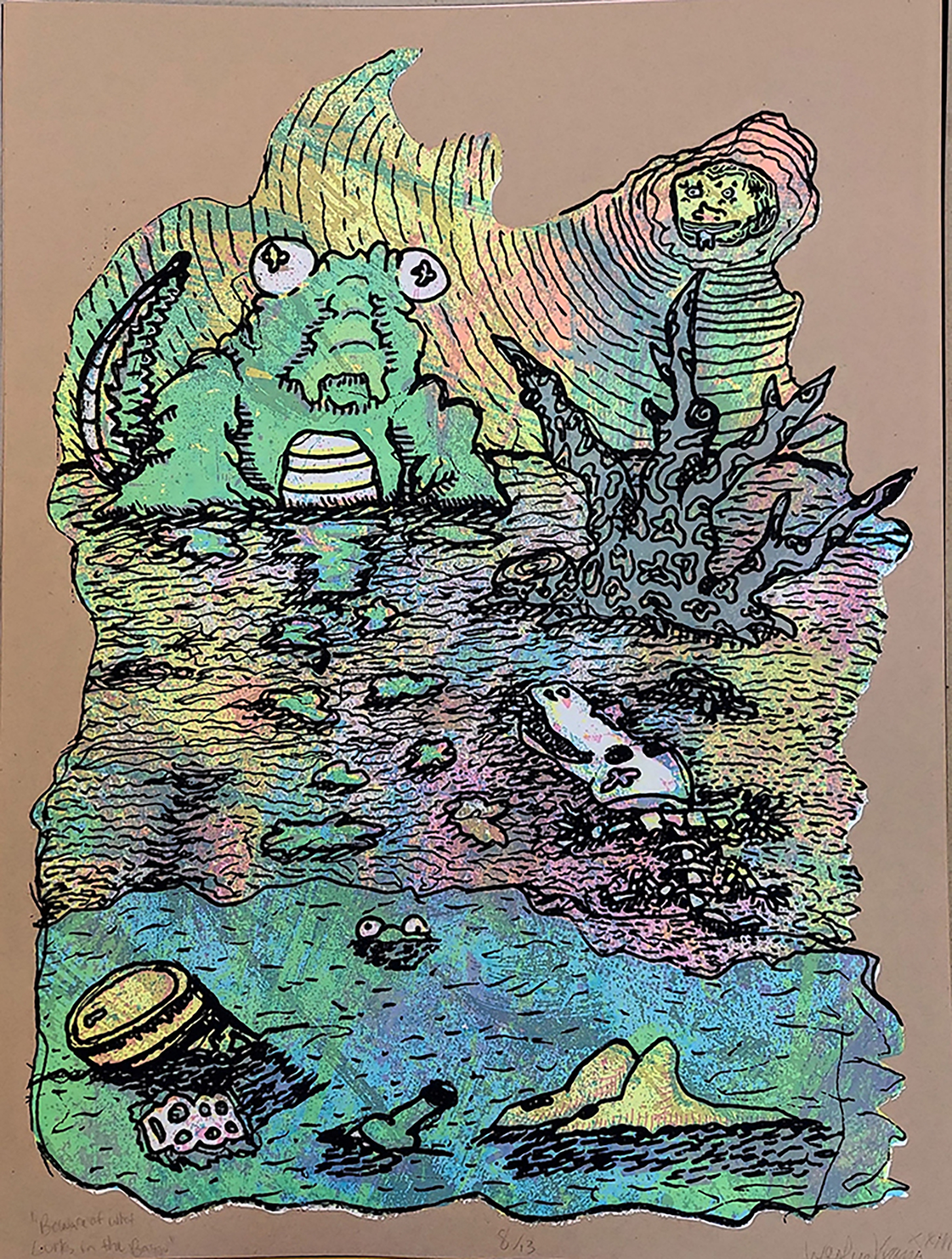 A gator looks over a shaped swamp scene filled with pollution. Composed of cmyk graphic color and line application