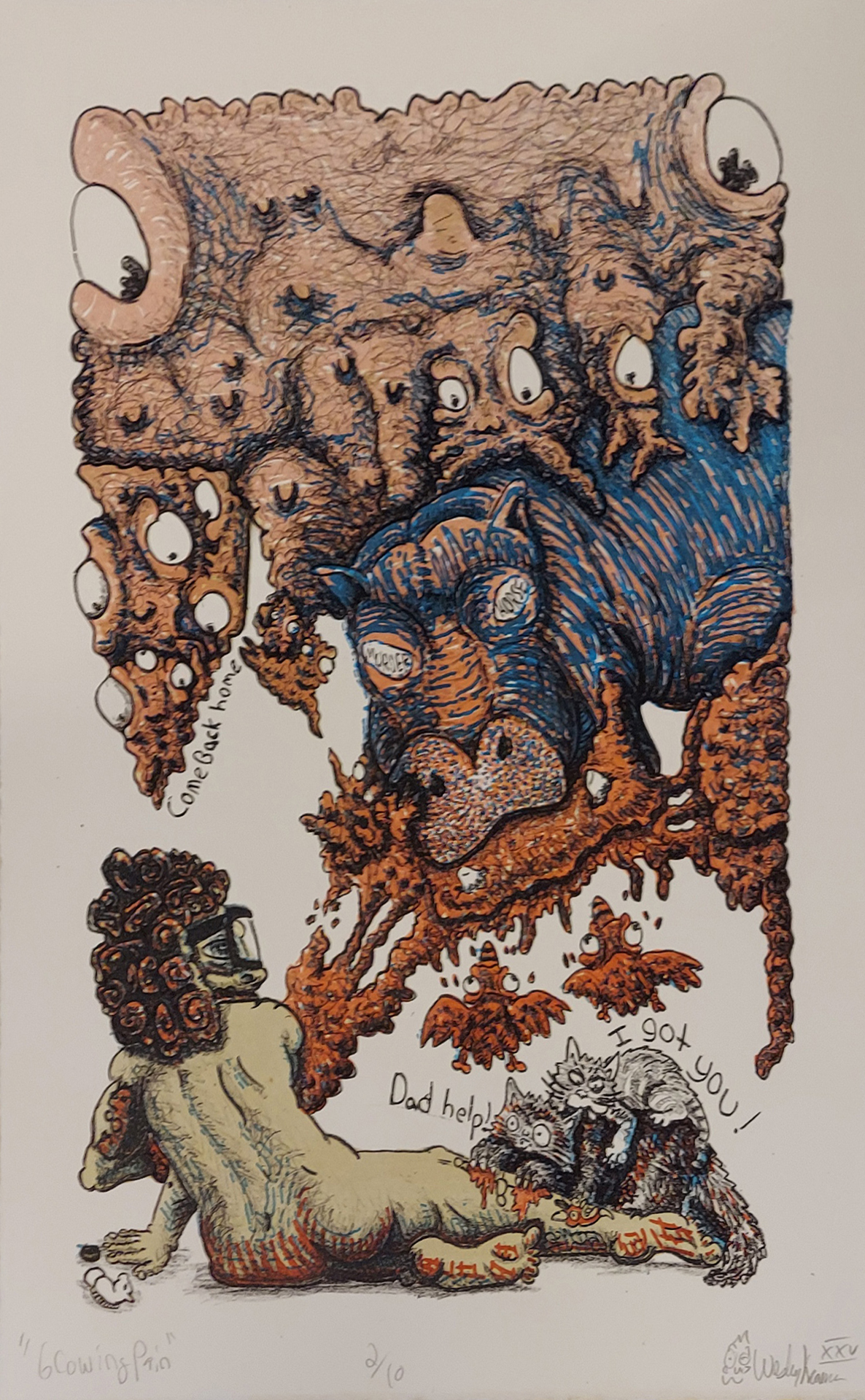 An amorphous visceral multi-eyed creature made in part of a hippo looms over a nude figure and his cats.