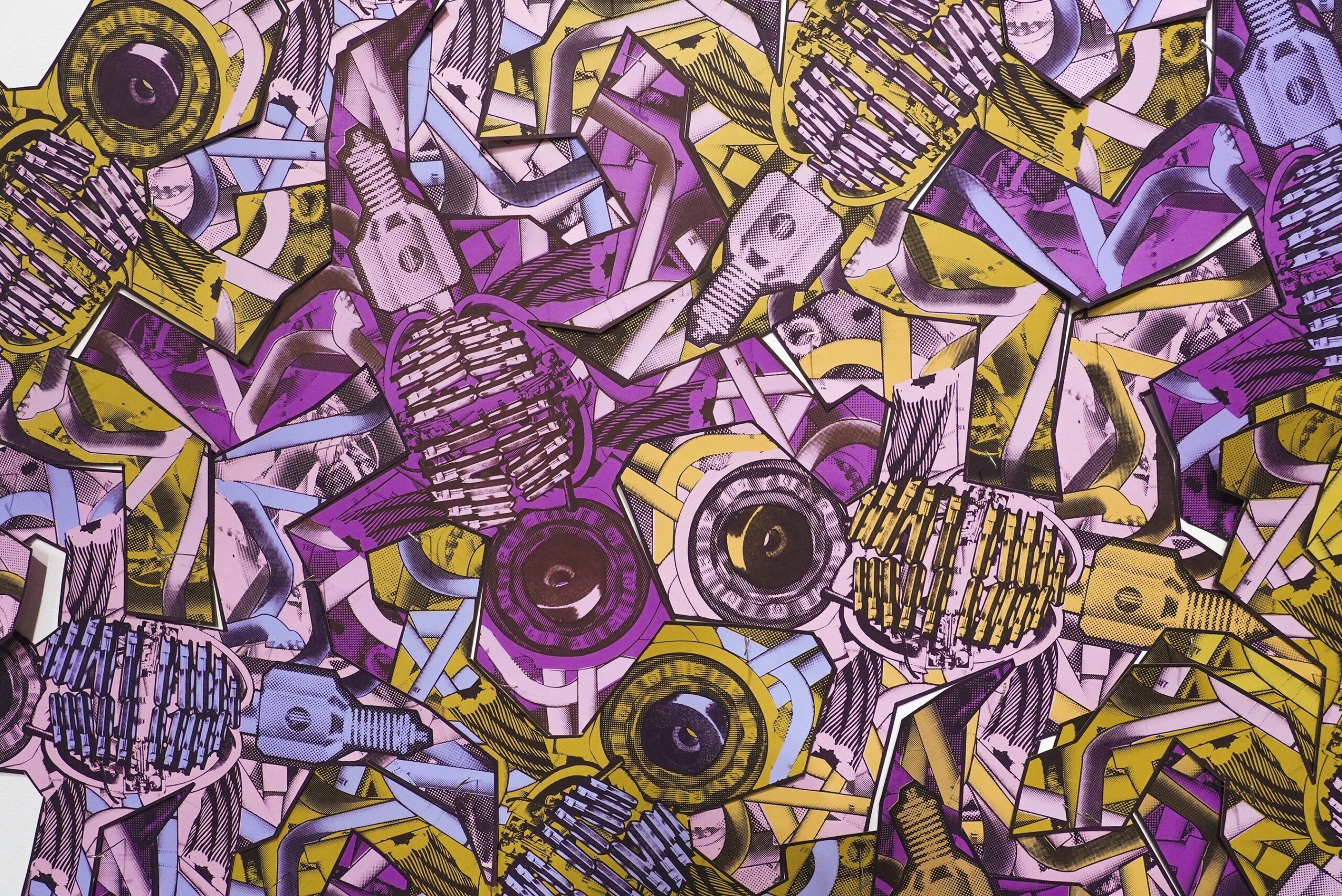 Lizard-like figures composed of mechanical and robotic pieces in yellow, blue, and purples