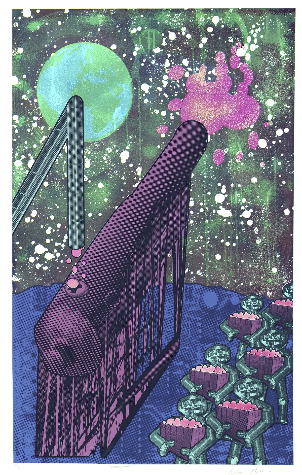 A procession of robots feed baskets of pink material into a cannon like the one in "Journey to the Moon" shooting pink spores toward the Earth
