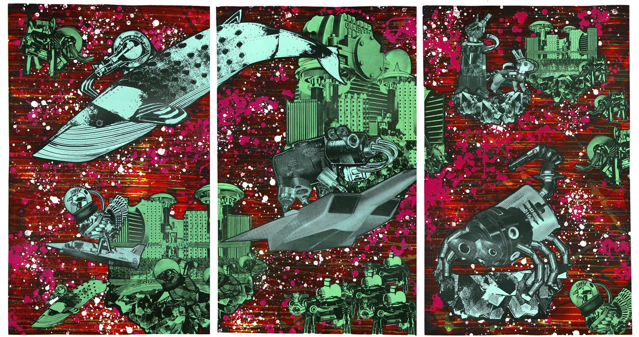 Collaged creatures like sturgeon and scorpions composed of mechanical parts are interspersed among hug green asteroid like ships composed on buildings and mechanical pieces