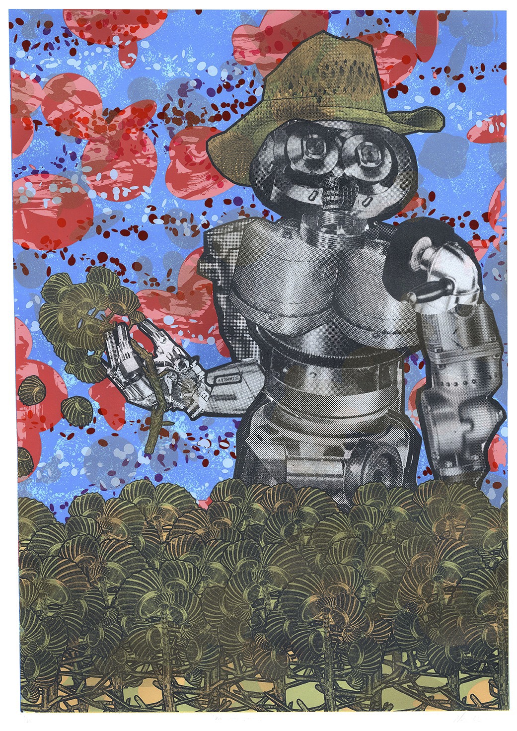 A robot in a cowboy hat harvests a field of rotary harvester blades amid a ground of red and blue