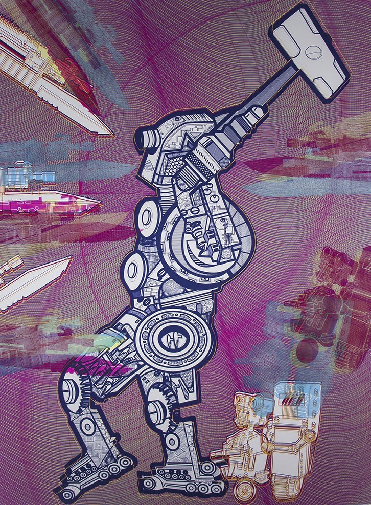 A composite robot battles human weapons surrounded by a dense ground of bright spirograph/algorithm inspired textures
