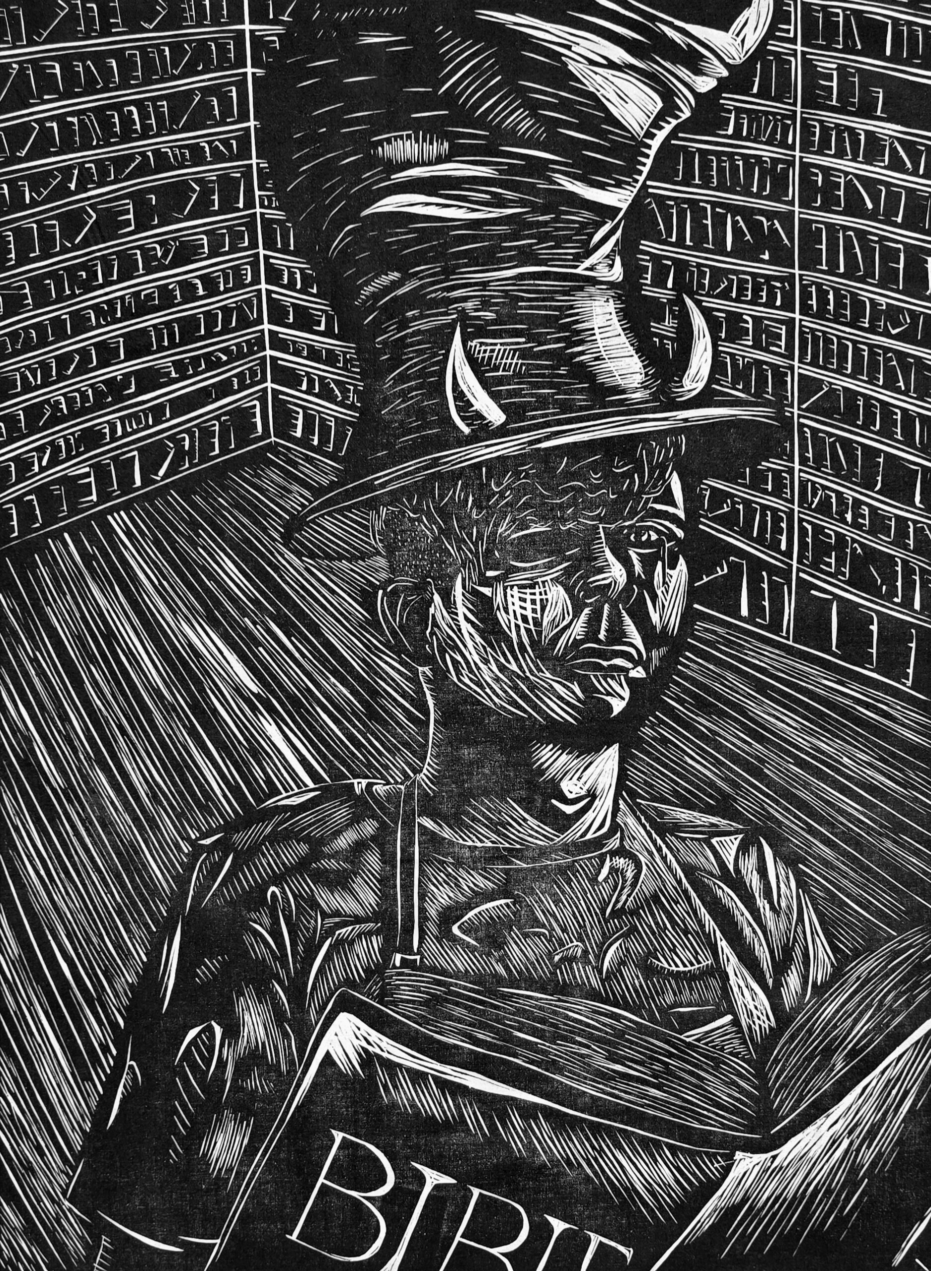 A figure wearing a horned cat in the hat type top hat reads the bible in an expressionistic library