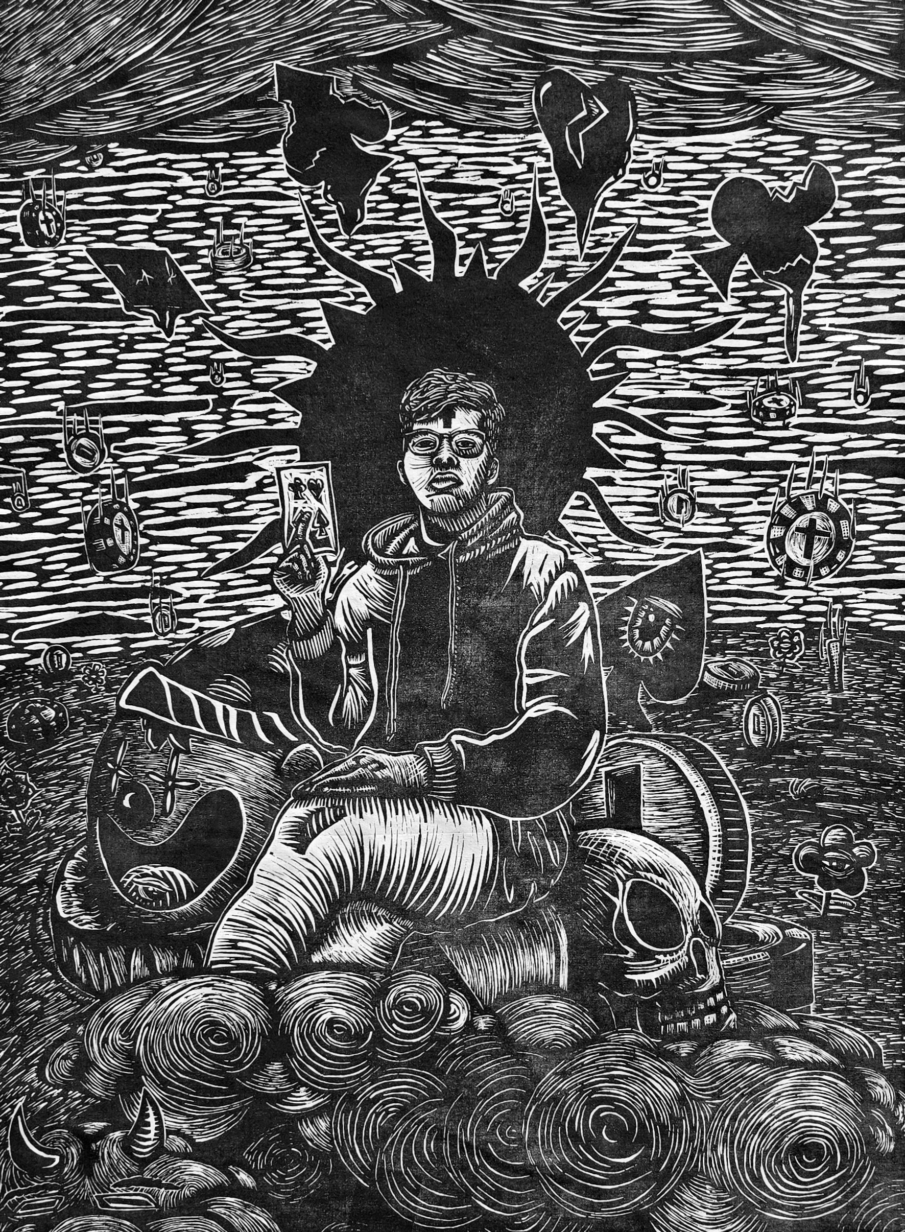 The artist sits in a crowded composition of decomposing playing card and gambling imagery with a nimbus behind his head