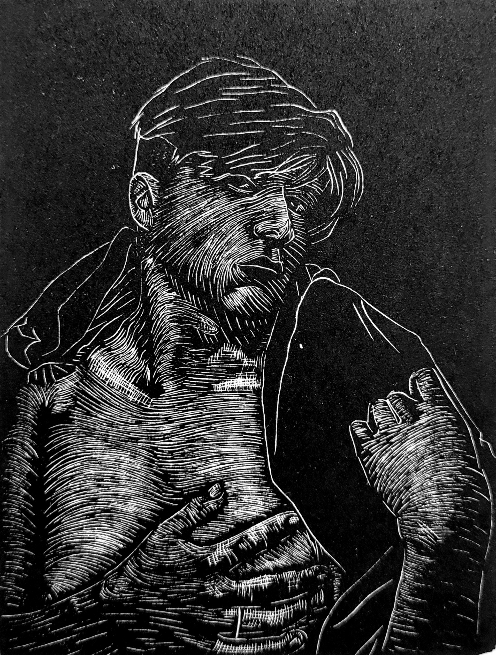 A portrait composed of varied densities of line work to evoke various textures