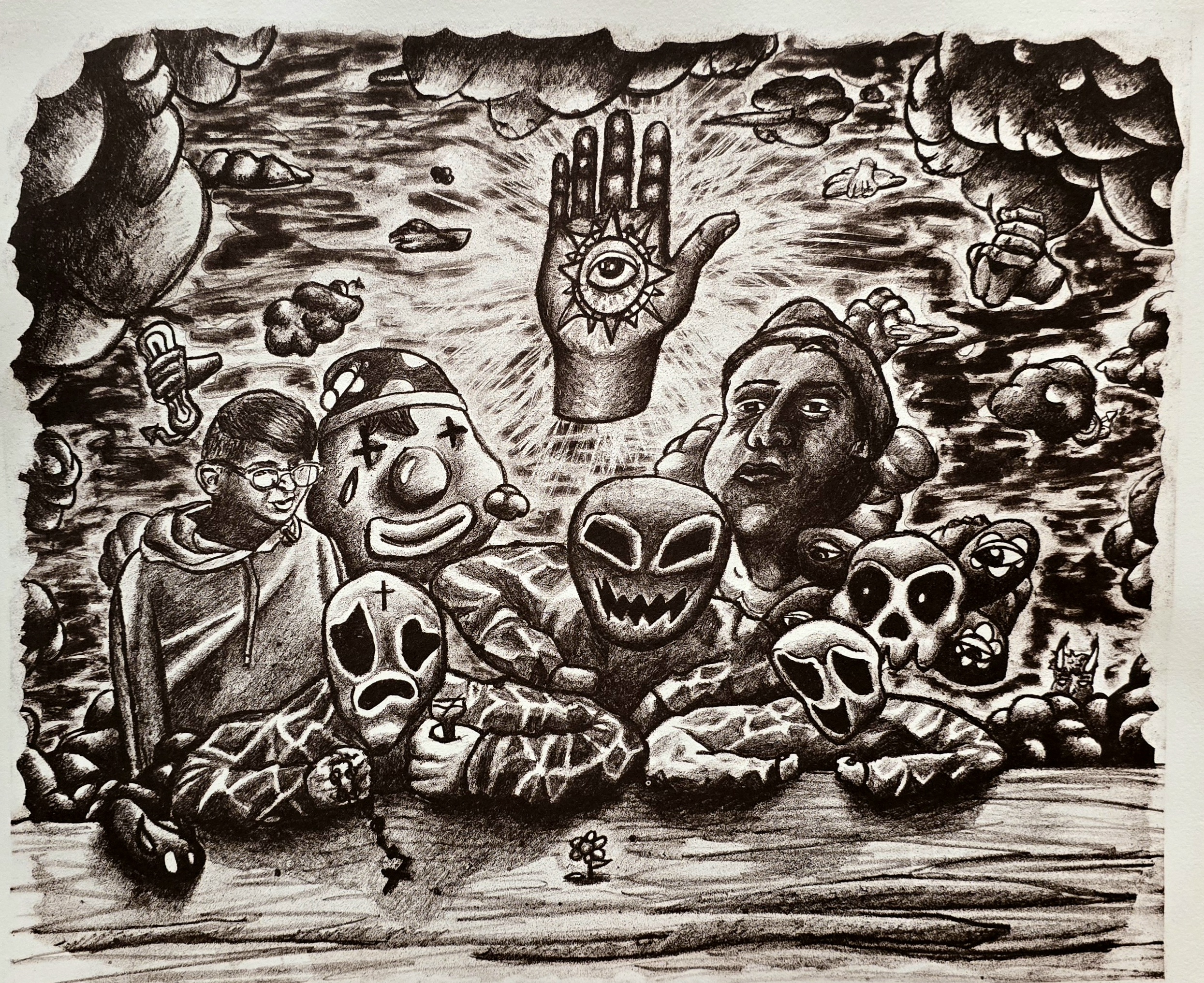 A crowded composition with a mix of religious and chance iconongraphy amid a cloudscape