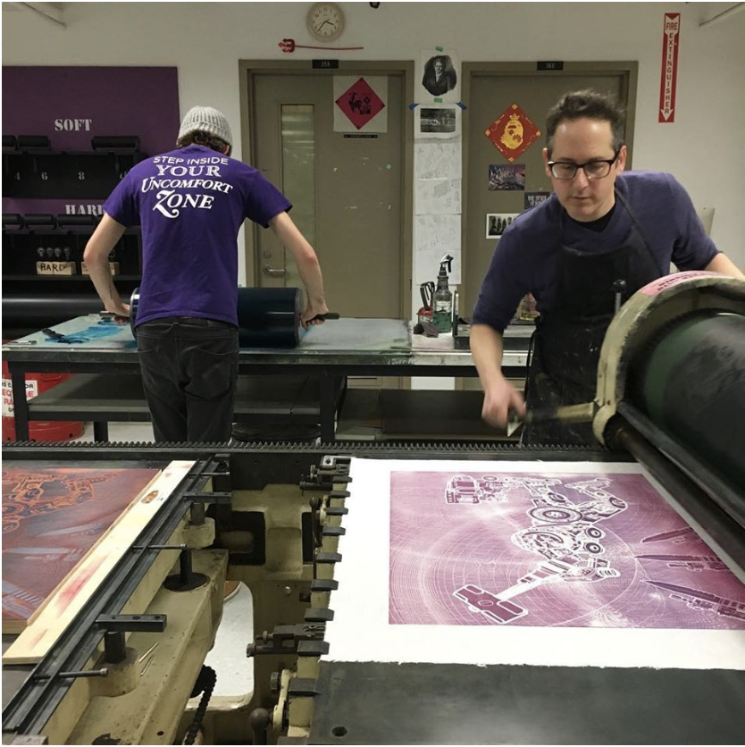 Meltz printing a layer on an offset press at iea, Alfred University