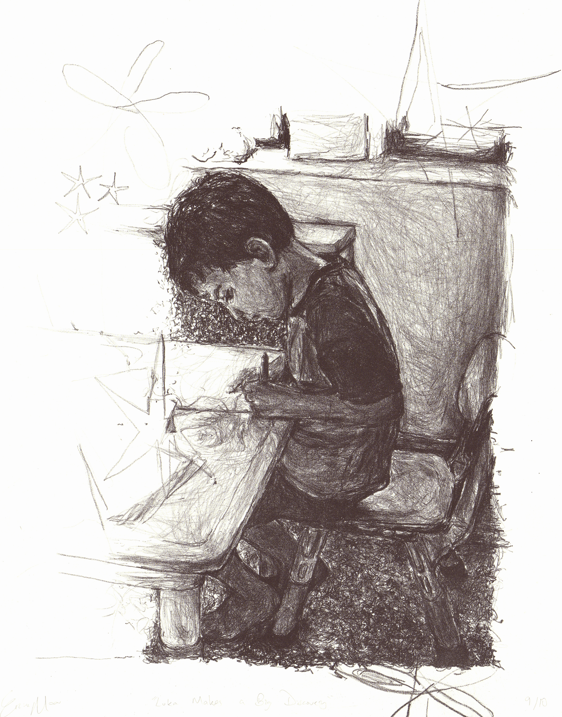 A child leans over a drawing, surrounded by doodles of stars