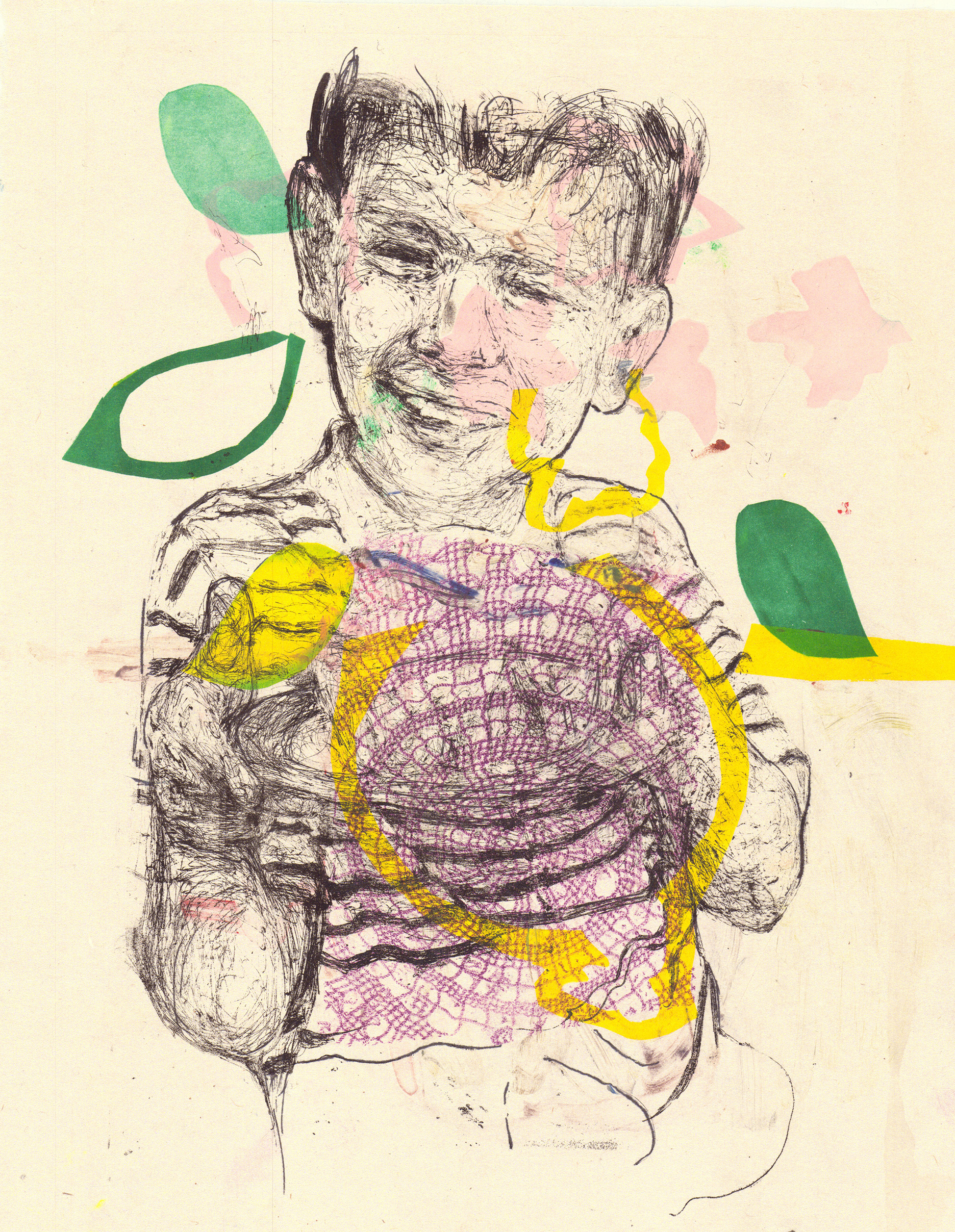 A child holds a bowl, surrounded by varied textures and monotype leaf forms