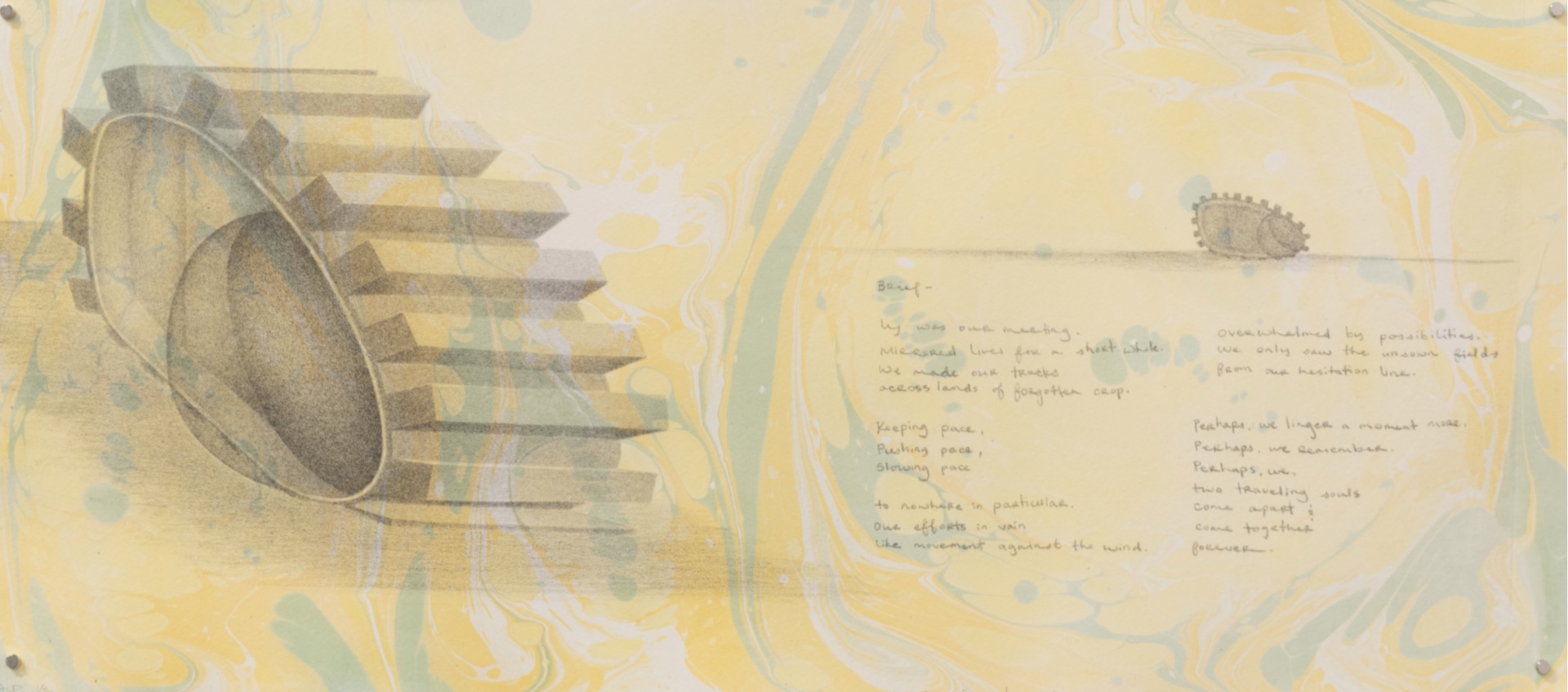 A massive gear shape encroaches on a bank of text and a ground of marbled paper in yellow and green