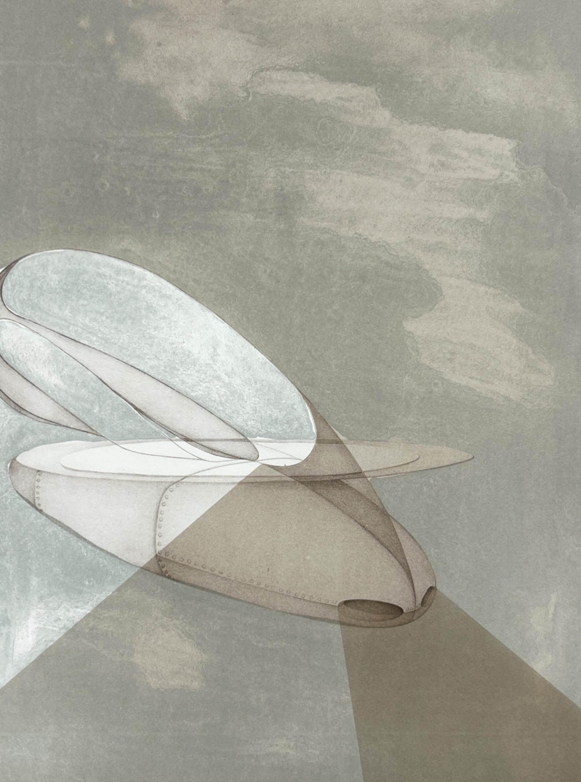 An imagined vessel evoking a deep sea creature floats across a distressed gray green ground