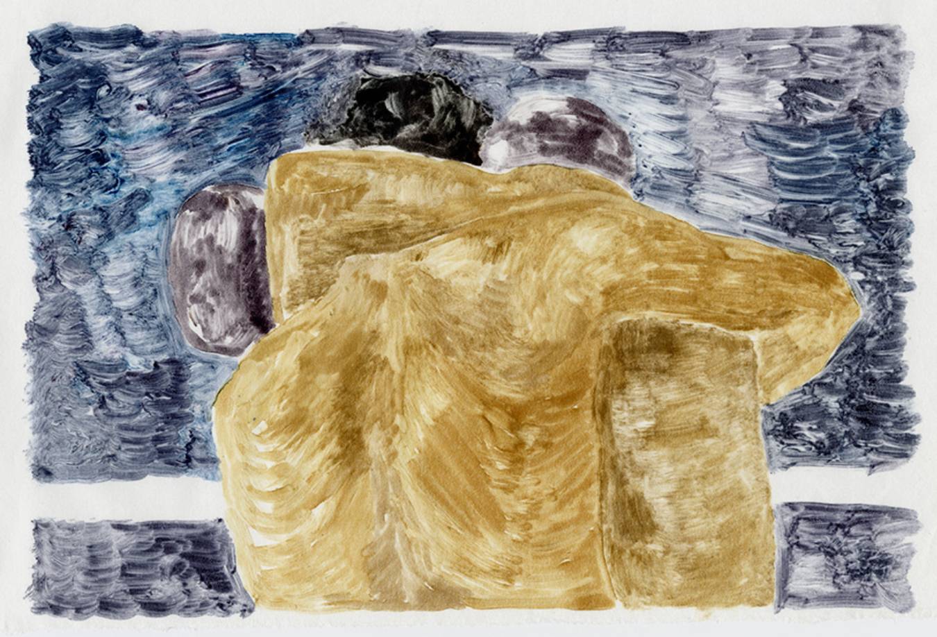 A couple is locked in an embrace in an abstracted scene