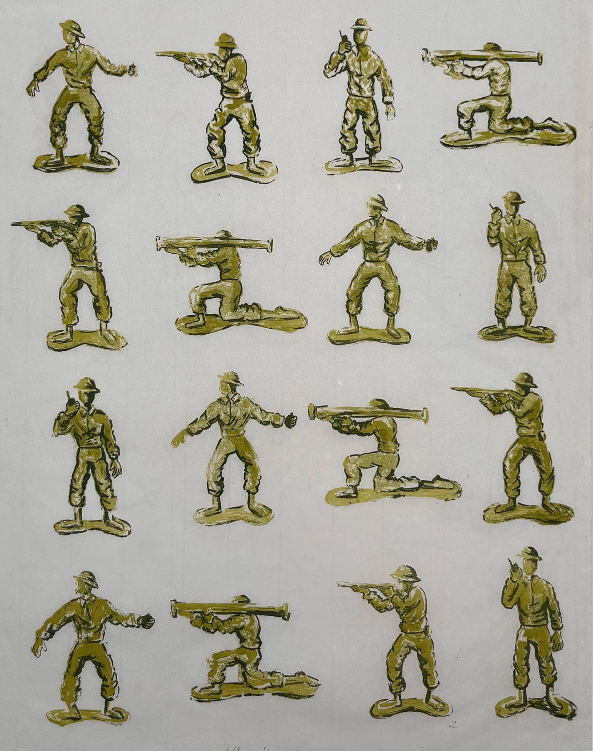 A grid of a varied green plastic toy soldiers