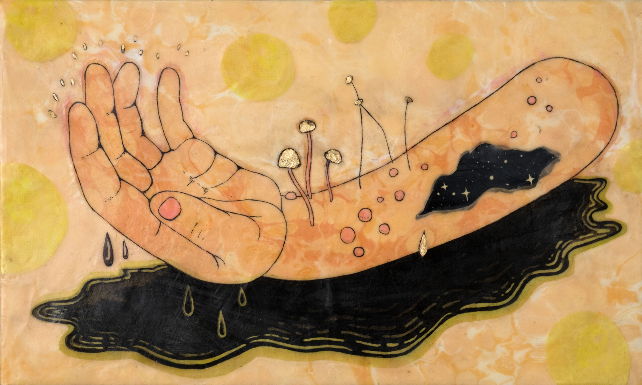 A disembodied arm with gilded mushrooms emerging from the wrist and a hole showing starry space within the arm. Under is a black puddle evoking space or oil