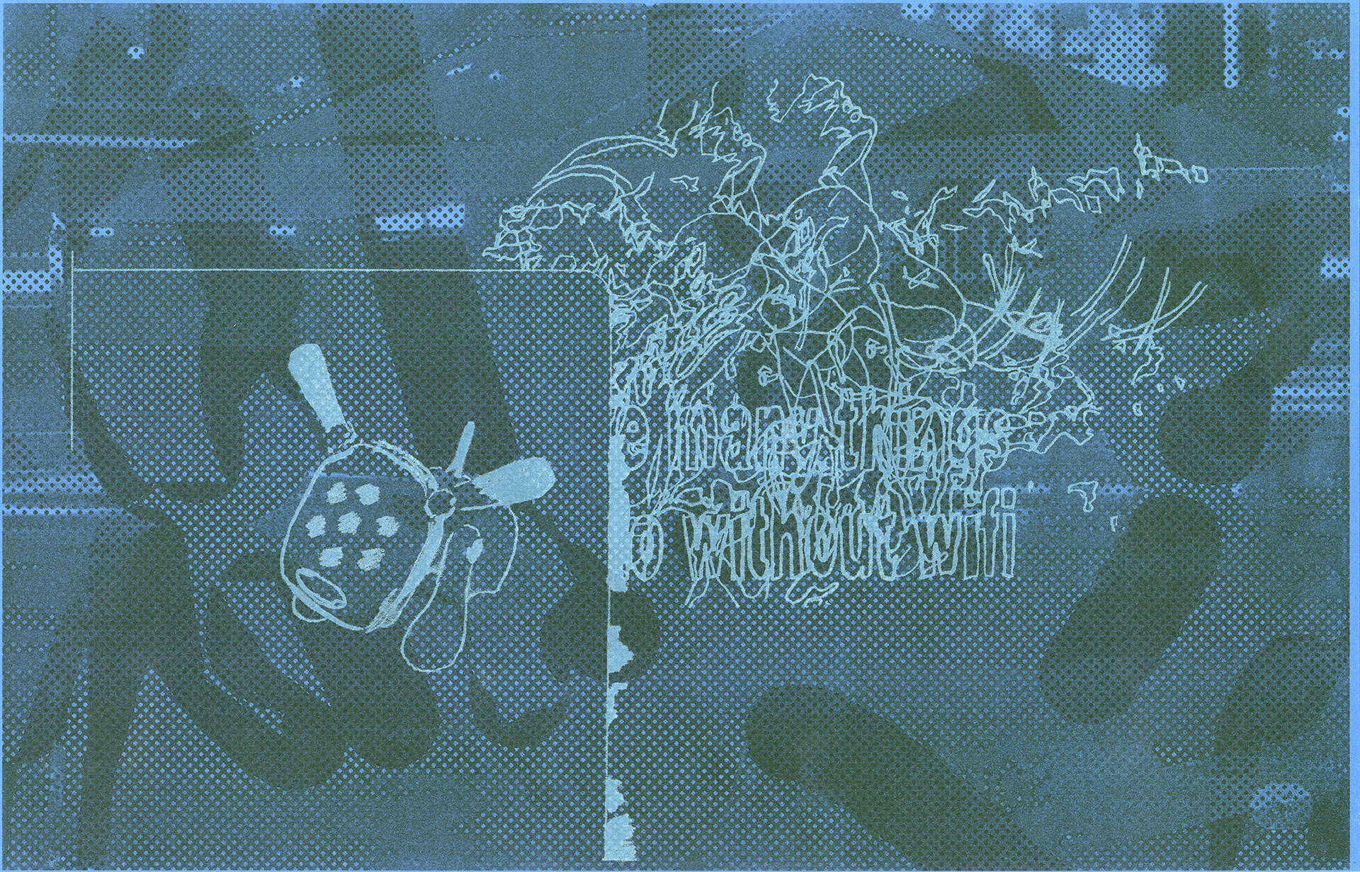 Linework of imagery from the year 2000 in bright blue fill a space of blue halftones