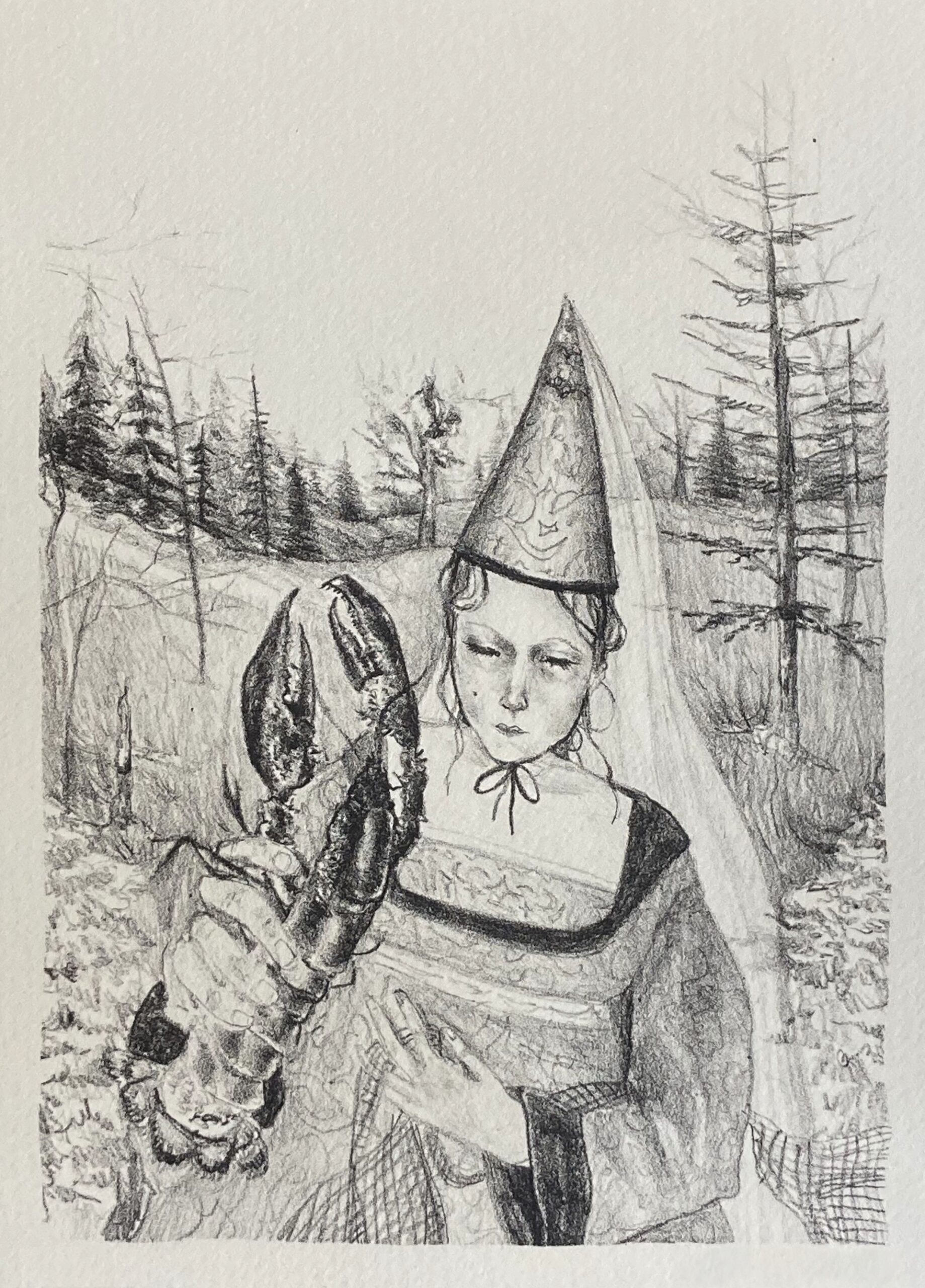 A princess in a pointy hat holds a lobster among a landscape