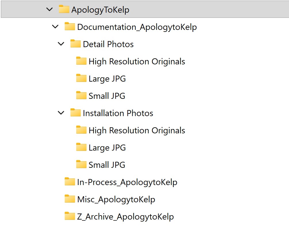 An image of a heirarchy of desktop folders showing projects, then documentation, then sized image folders